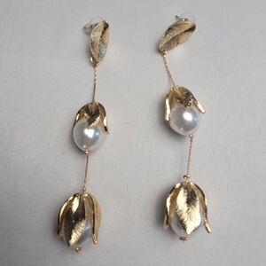 Gold Tone Leaf & Pearl Bud Drop Earrings Petite Moments Anthropologie